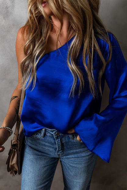 Dark Blue Asymmetric One Shoulder Bell Sleeve Satin Blouse