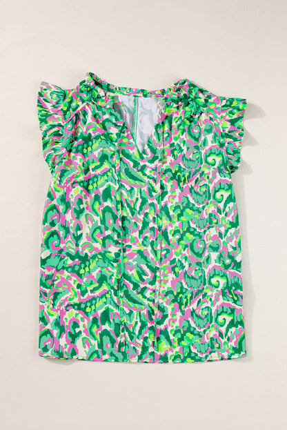 Green Abstract Print Ruffled Trim Tied Split Neck Tank Top