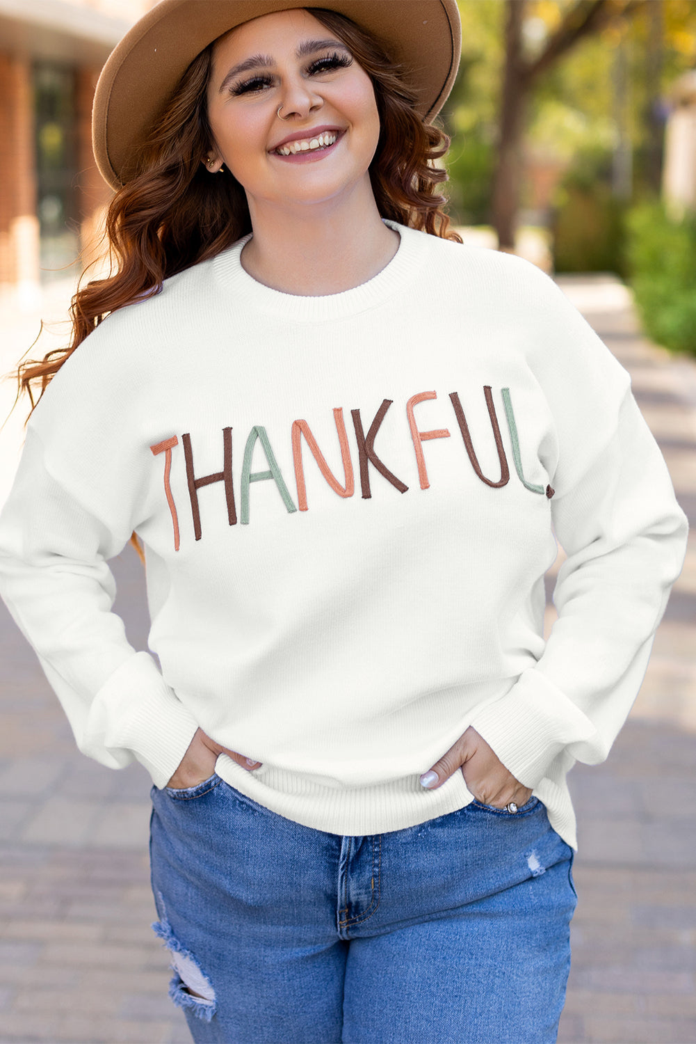 White Plus Size Thankful Ivory Embroidered Sweater