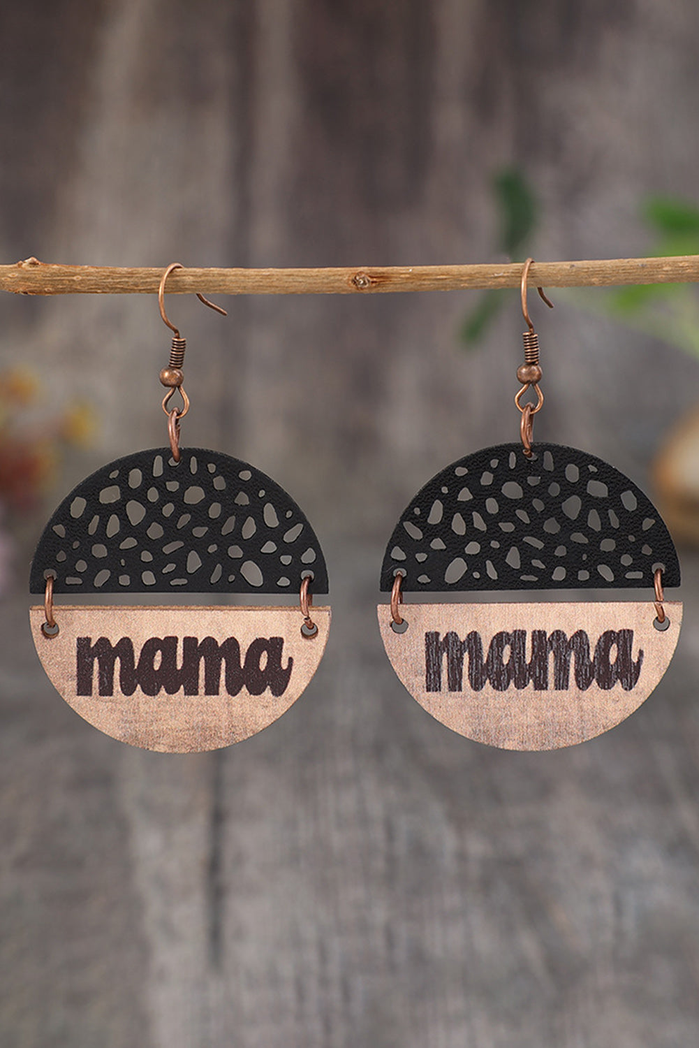 Black Vintage mama Pendant Leather Wooden Earrings