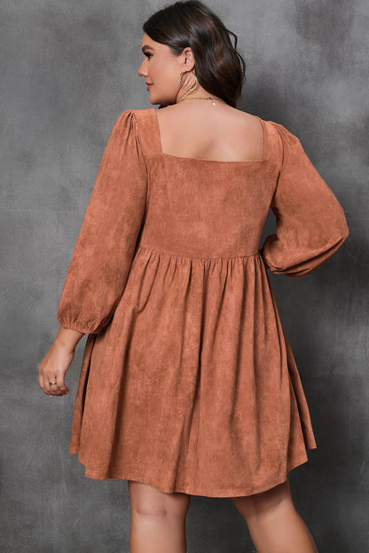 Chestnut Plus Size Suede Square Neck Balloon Sleeve Dress