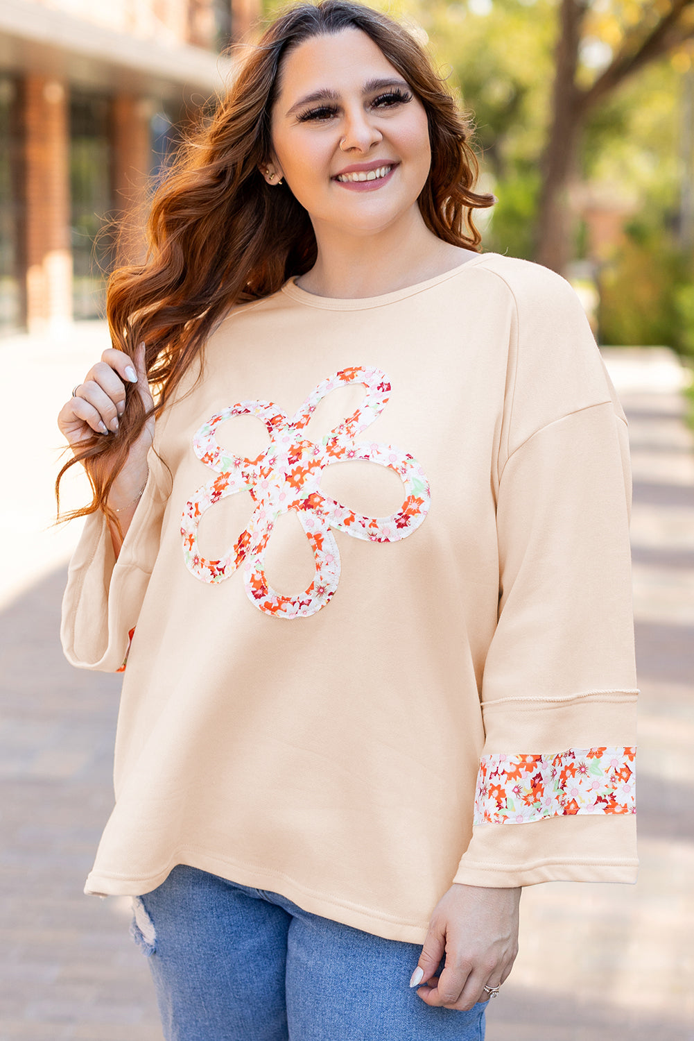 Beige Plus Size Flower Patched Side Slits Crewneck Top