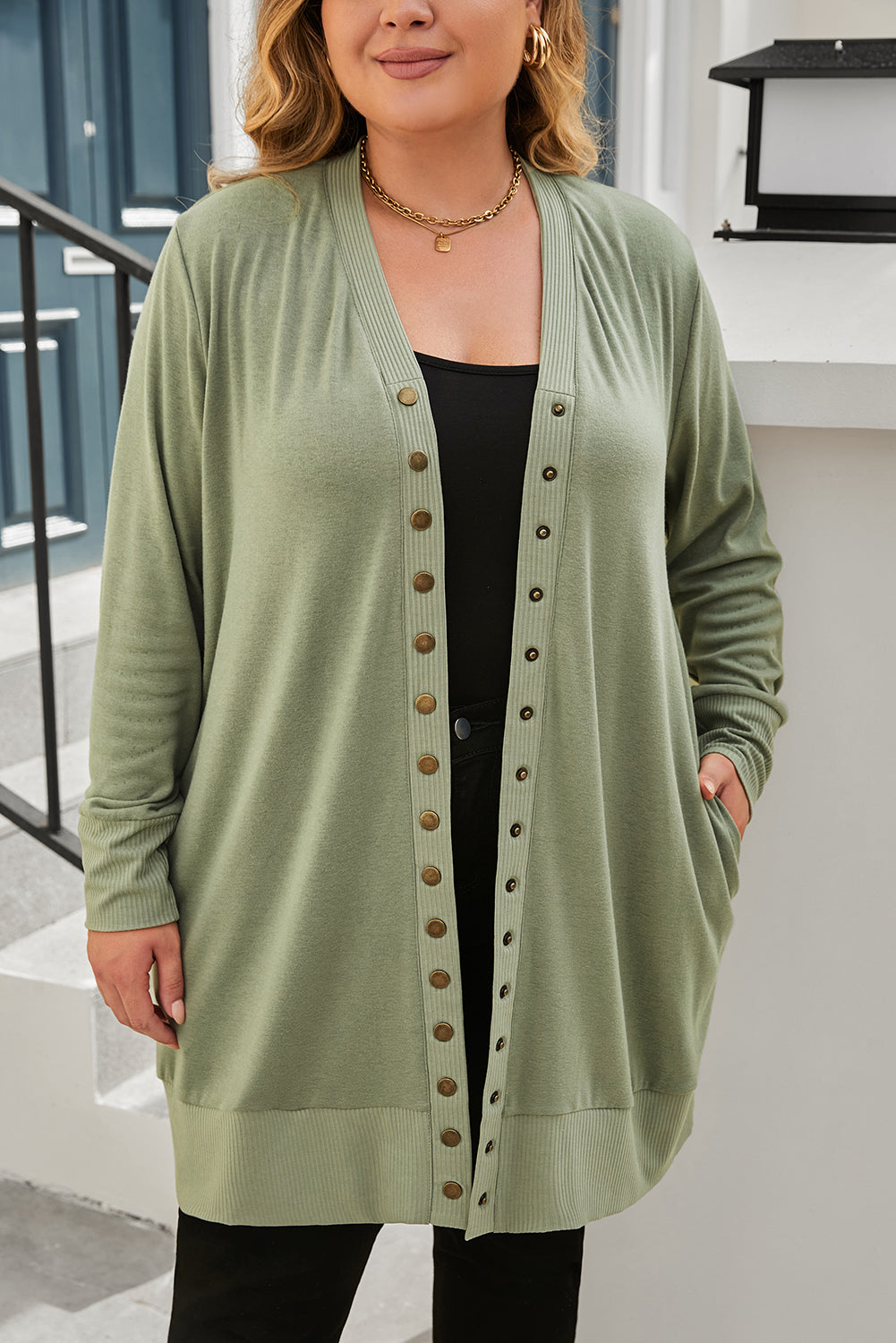 Green Plus Size Snap Buttons Front Knit Cardigan