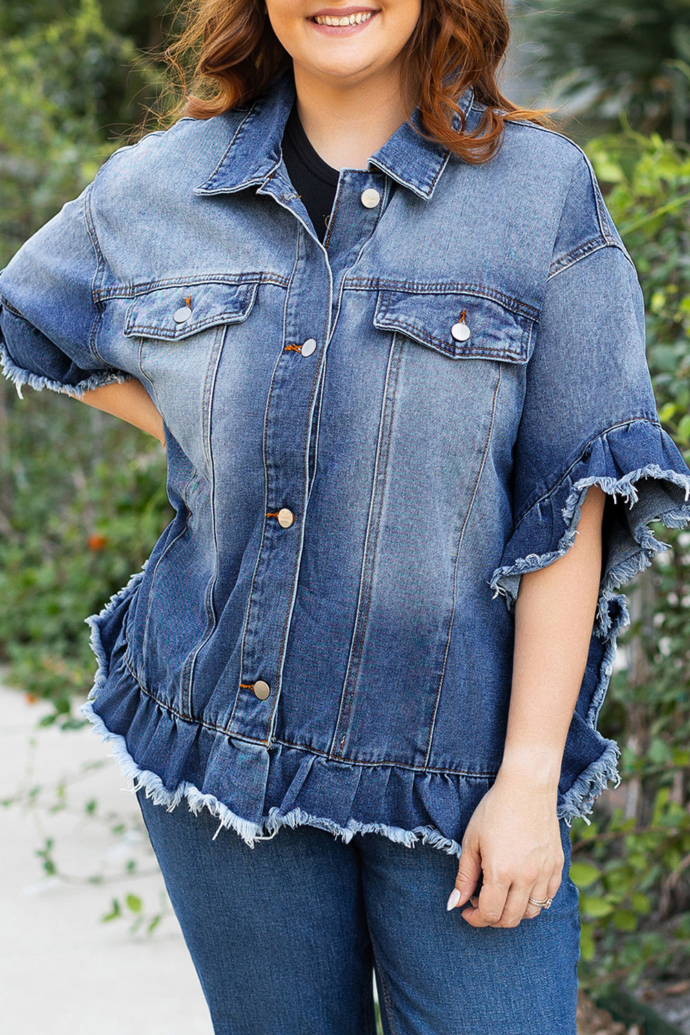 Peacock Blue Ruffled Frayed Short Sleeve Plus Size Denim Jacket