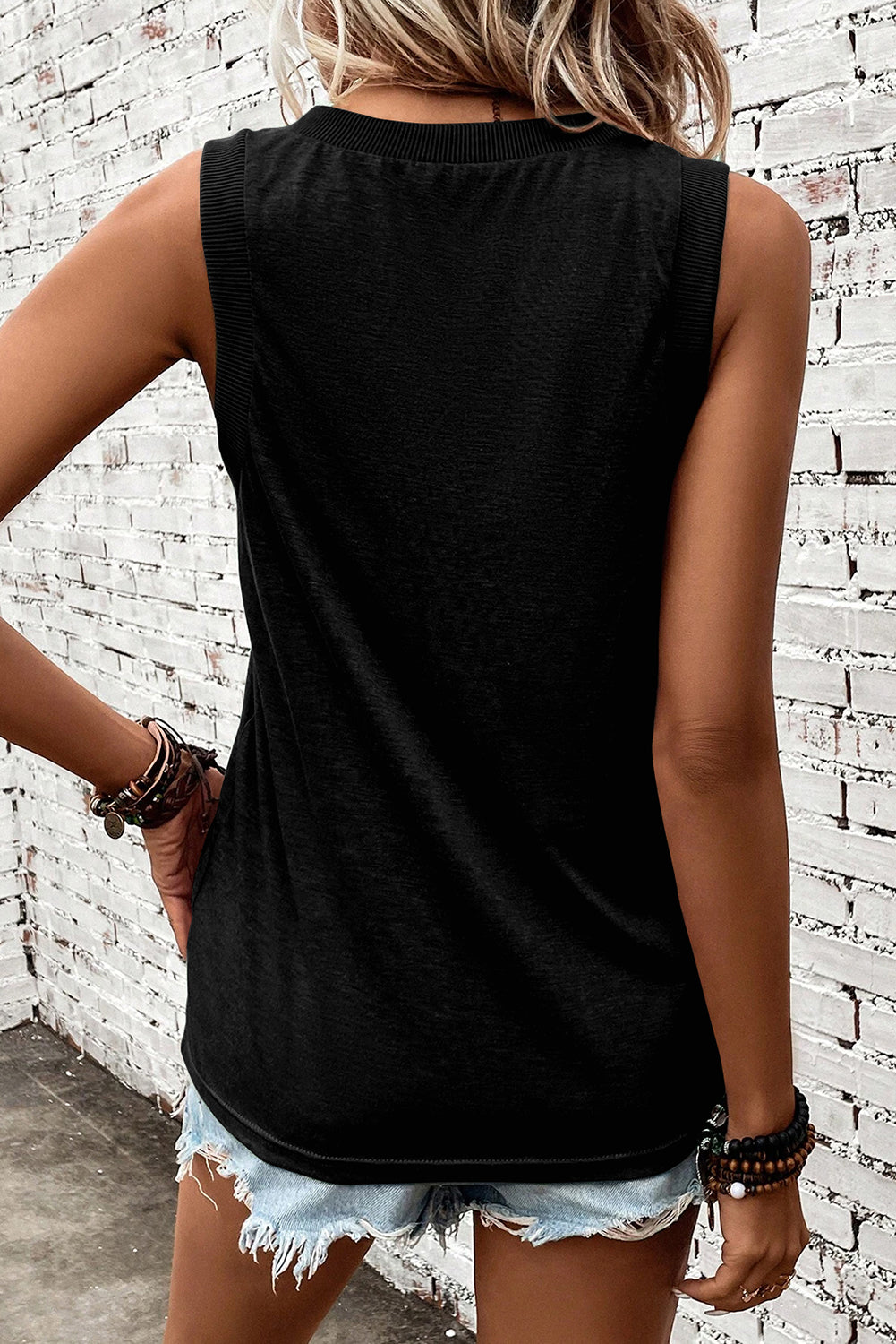 Black Ribbed V Neck Tank