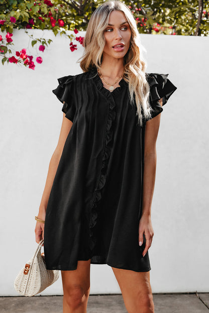 Black Ruffle Sleeve V Neck Frilled Shift Dress