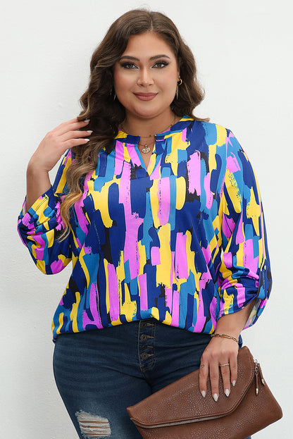 Blue Plus Size Brushstroke Print 3/4 Sleeve Blouse