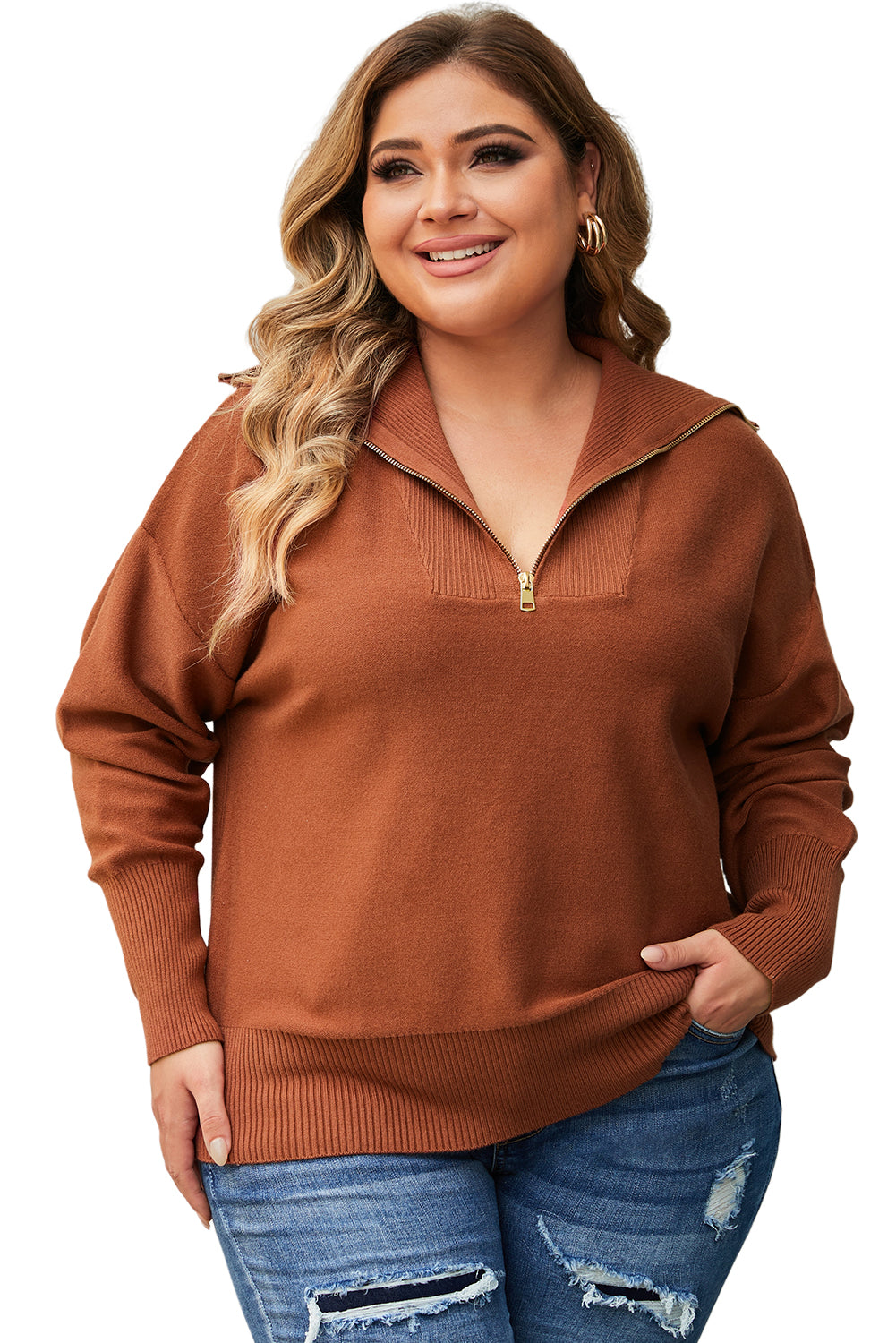 Brown Solid Ribbed Trim Plus Size Zip Collar Sweater