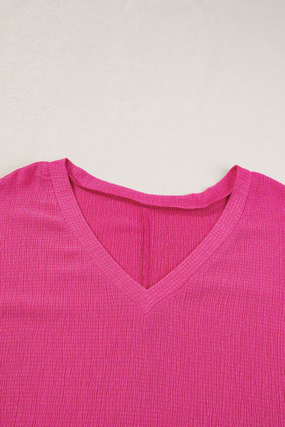 Bright Pink Textured V Neck Bubble Hem Plus Top