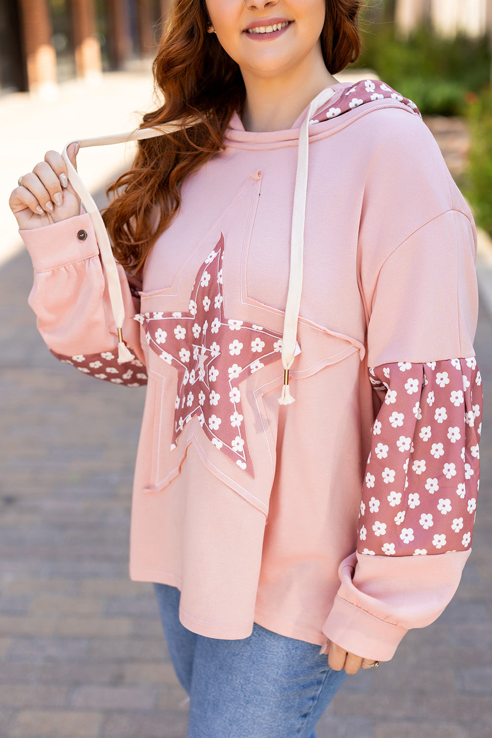 Delicacy Star Patch Graphic Floral Color Block Drawstring Plus Size Hoodie