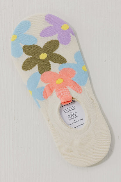 White Cute Floral Print No Show Socks