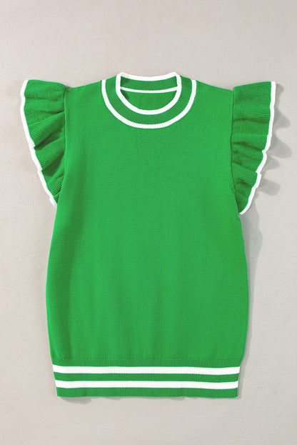 Bright Green Edge Piping Ruffled Sleeve Round Neck Knit T Shirt