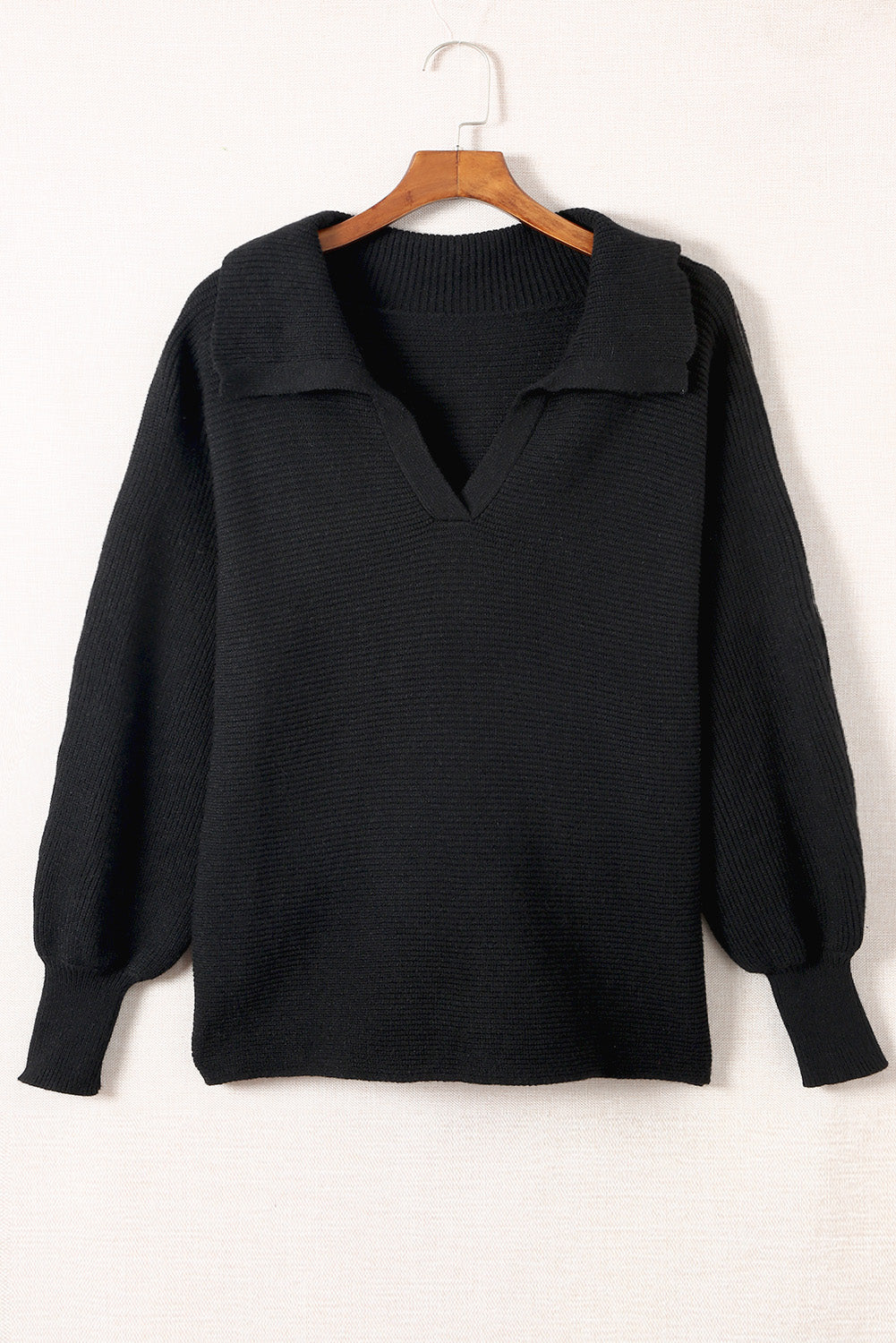 Black Ribbed Knit Lapel Neck Curvy Sweater