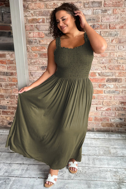 Jungle Green Shirred Bust Sleeveless Plus Size Maxi Dress