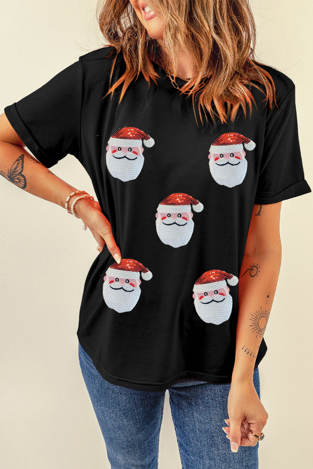 Black Faux Sequin Christmas Claus Pattern Crewneck T Shirt