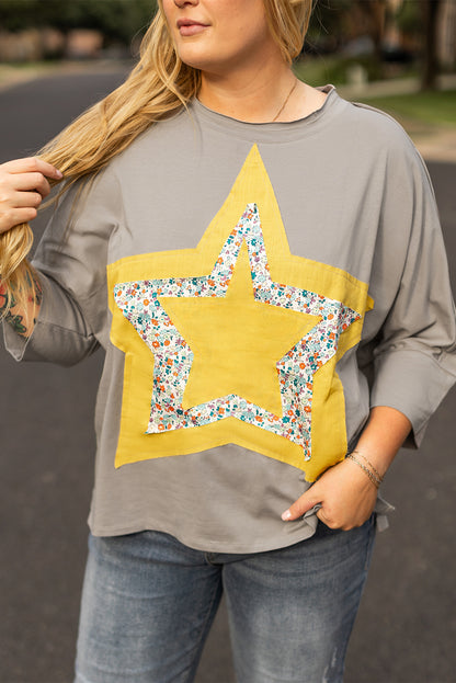 Medium Grey Floral Star Patched Pattern 3/4 Sleeve Plus Size Top