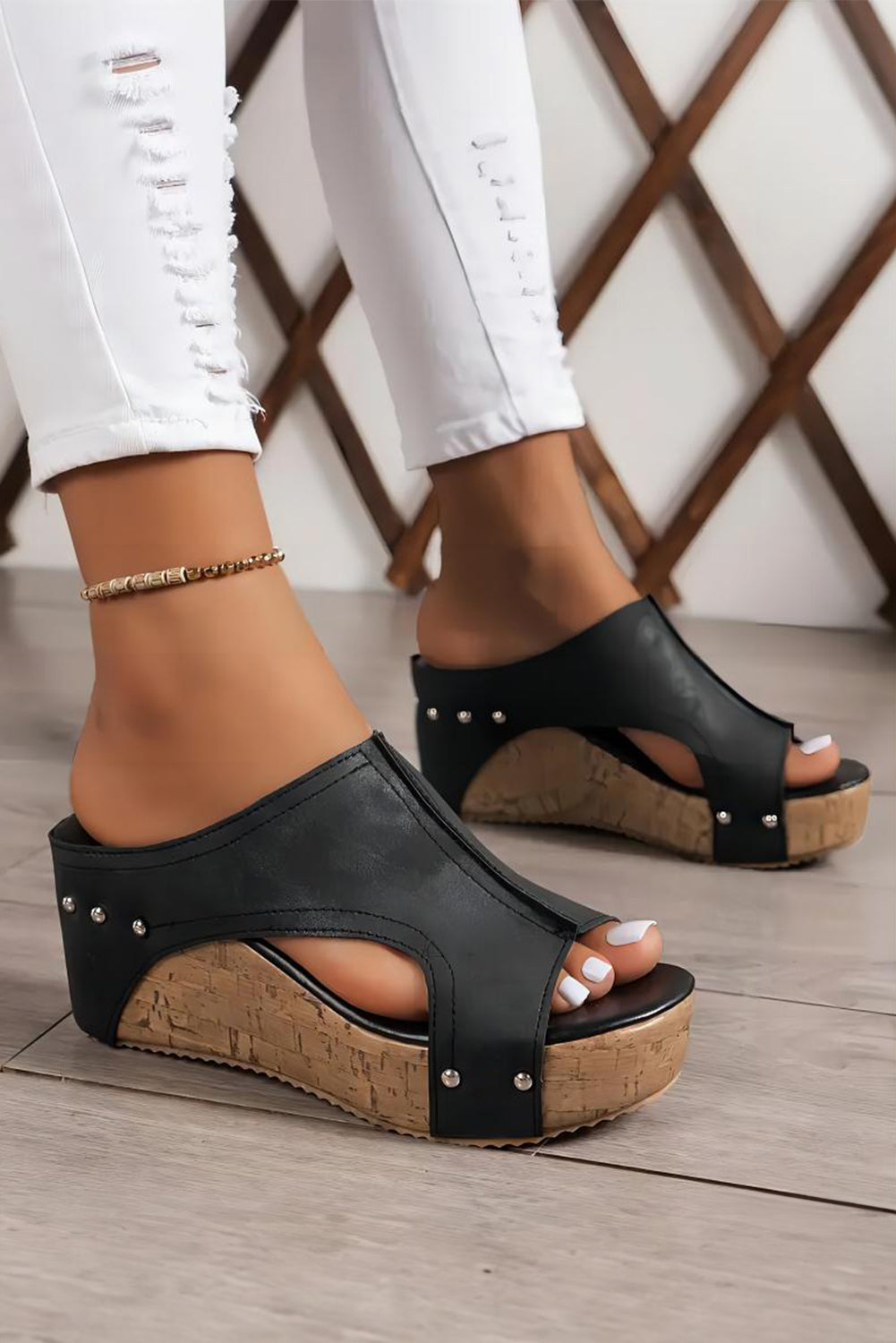 Black Hollow Out Studded PU Leather Wedge Slippers