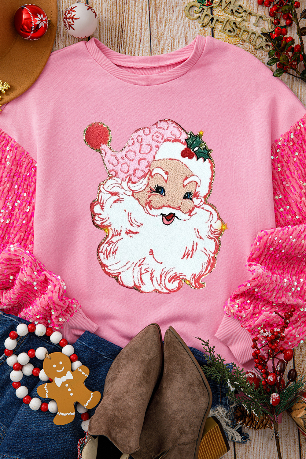 Pink Shiny Father Christmas Graphic Sequin Long Sleeve Top