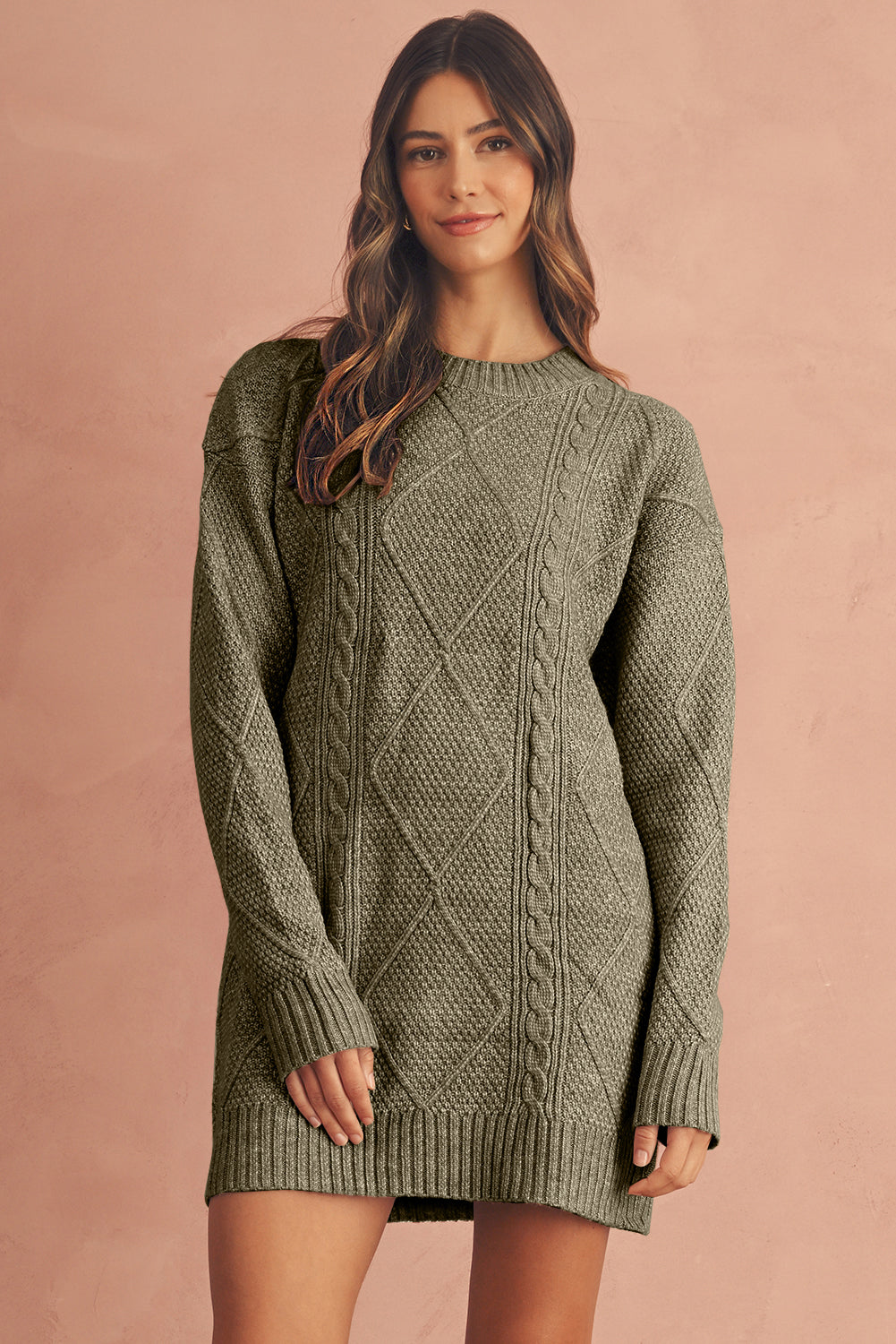 Coffee Twist Cable Knit Drop Shoulder Loose Fit Sweater Dress