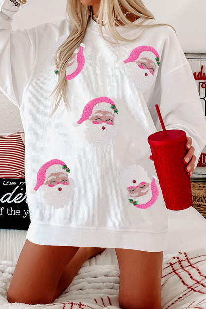 White Ribbed Sequin Santa Claus Graphic Christmas Sweatshirt