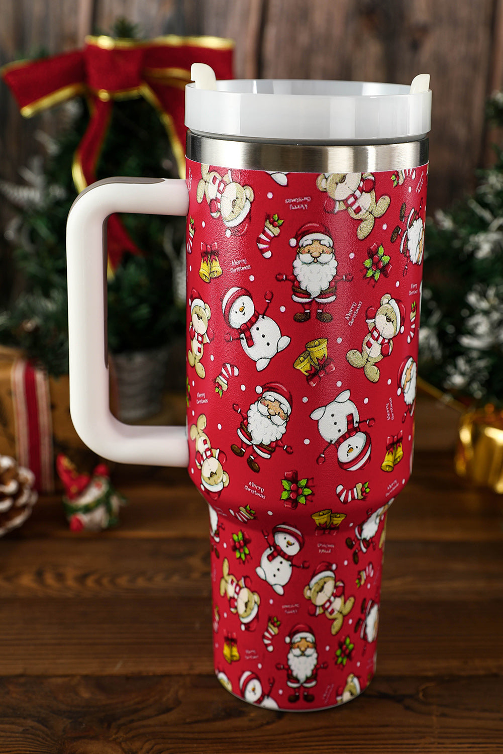 Fiery Red Christmas Print Handled Stainless Steel Tumblers 40oz