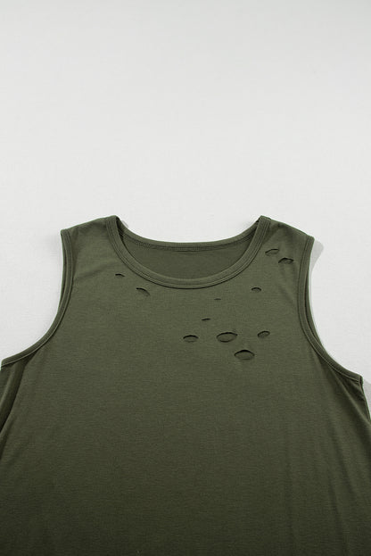 Jungle Green Solid Color Distressed Holes Crew Neck Tank Top