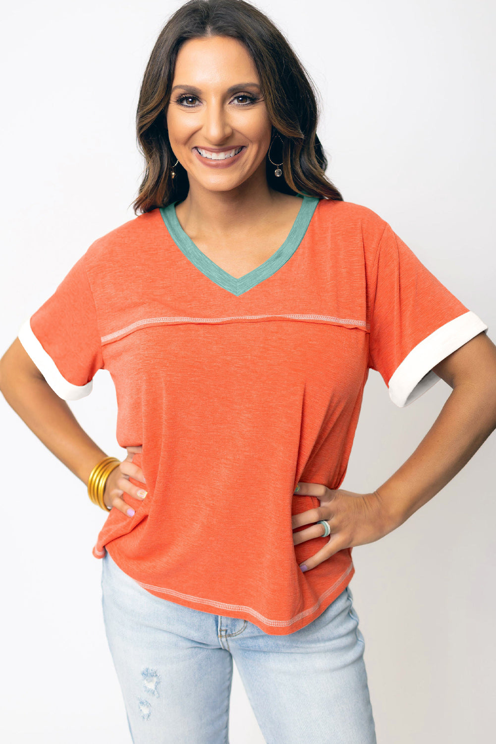 Grapefruit Orange Contrast Trim Exposed Seam V Neck T-shirt