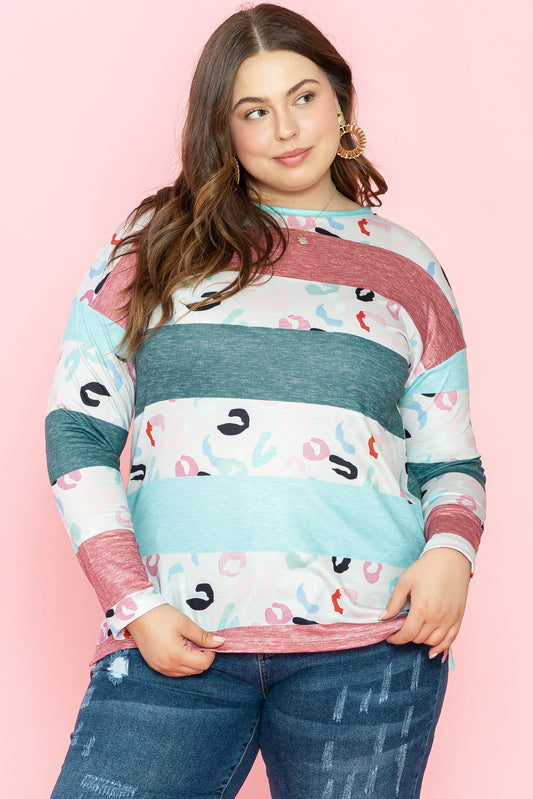 Sky Blue Stripe Plus Size Colorblock Pullover Top