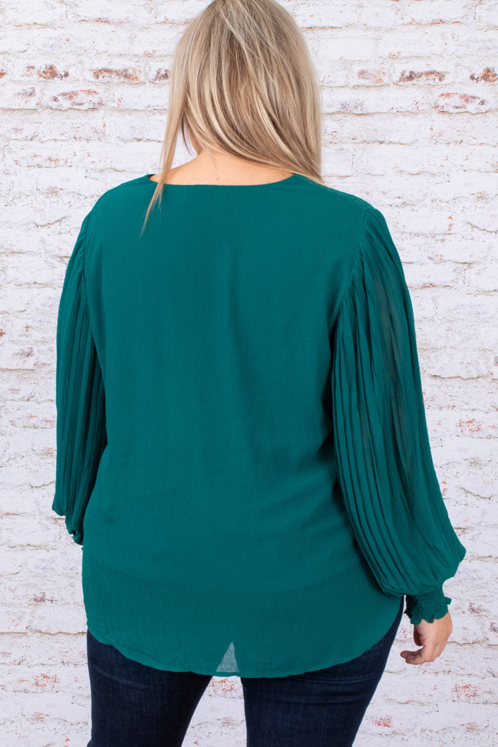 Green Pleated Bubble Sleeve Plus Size Blouse