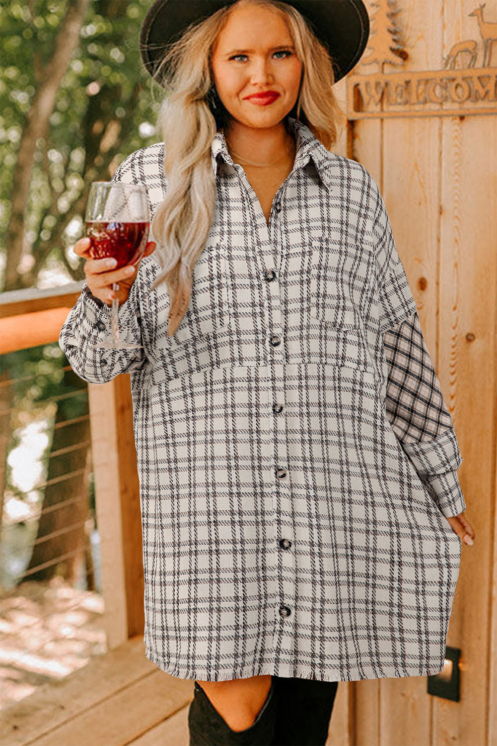 White Stripe Plus Size Plaid Buttoned Raw Hem Tunic Shirt Dress