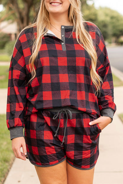 Fiery Red Christmas Buffalo Print Henley Top and Shorts Plus Size Set